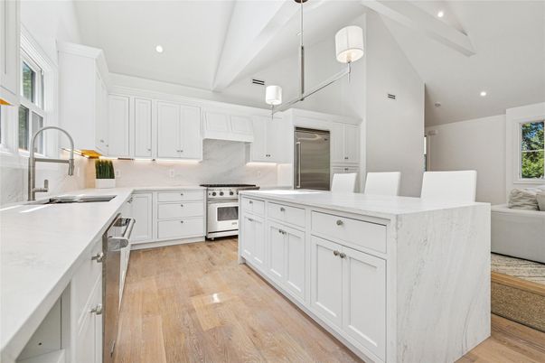 Interior, Kitchen, Pendant Lights, Recessed Lighting, Stainless Steel Appliances, Wood Texture Flooring