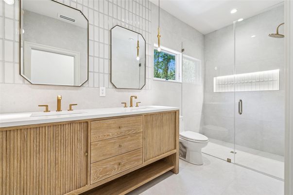 Bathroom, Dual Sink Vanities, Glass Shower, Interior, Recessed Lighting