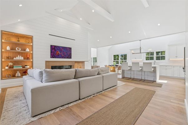 Fireplace, Interior, Kitchen, Living room, Pendant Lights, Recessed Lighting, Wood Texture Flooring