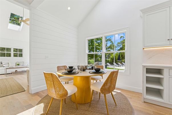 Dining room, Interior, Recessed Lighting, Wood Texture Flooring