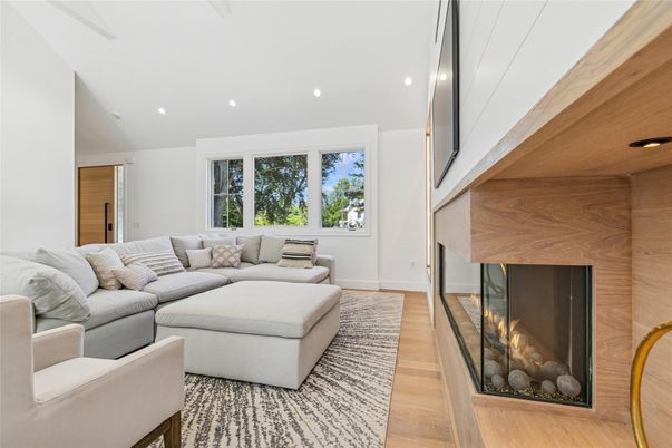 Fireplace, Interior, Living room, Recessed Lighting, Wood Texture Flooring