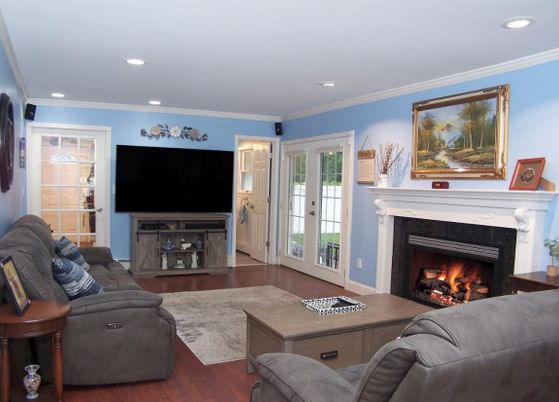 Fireplace, Interior, Living room, Recessed Lighting, Wood Texture Flooring