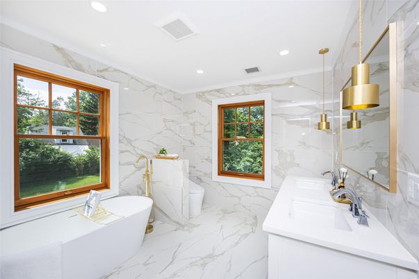 Bathroom, Dual Sink Vanities, Free Standing Baths, Interior, Marble, Marble Walls, Recessed Lighting