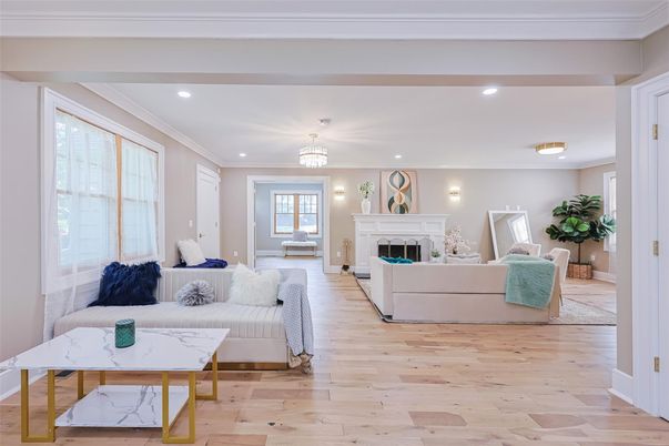 Chandelier, Fireplace, Interior, Living room, Recessed Lighting, Wood Texture Flooring