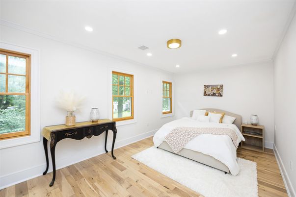 Bedroom, Interior, Recessed Lighting, Wood Texture Flooring