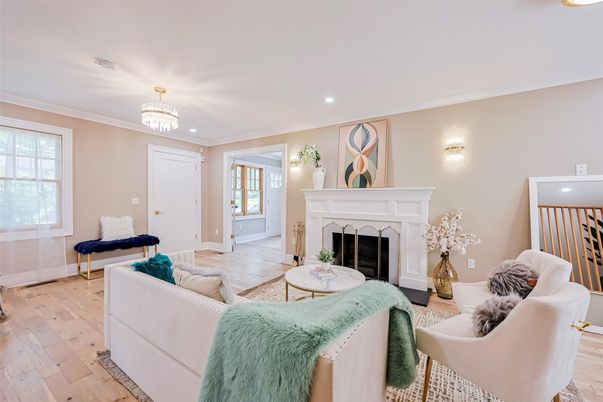Chandelier, Fireplace, Interior, Living room, Recessed Lighting, Wood Texture Flooring
