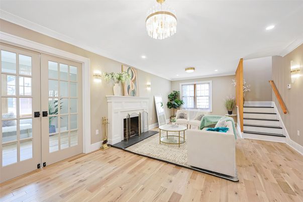 Chandelier, Fireplace, Interior, Living room, Recessed Lighting, Wood Texture Flooring