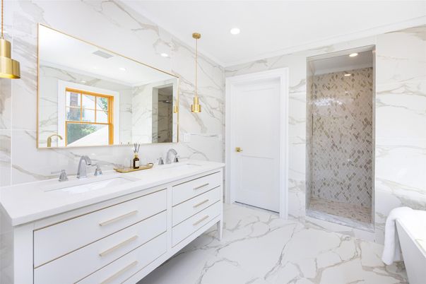 Bathroom, Dual Sink Vanities, Glass Shower, Interior, Marble, Marble Walls, Recessed Lighting