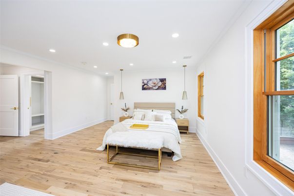 Bedroom, Interior, Pendant Lights, Recessed Lighting, Wood Texture Flooring