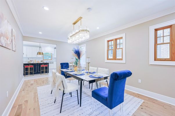 Dining room, Interior, Pendant Lights, Recessed Lighting, Wood Texture Flooring