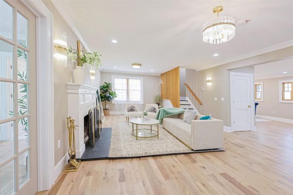 Chandelier, Fireplace, Interior, Living room, Recessed Lighting, Wood Texture Flooring