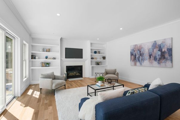 Fireplace, Interior, Living room, Recessed Lighting, Wood Texture Flooring