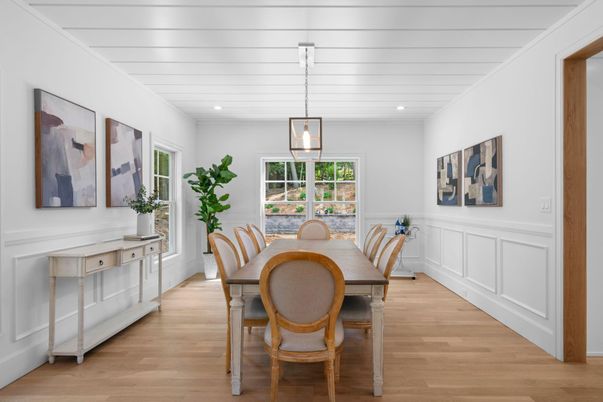 Dining room, Interior, Pendant Lights, Recessed Lighting, Wood Texture Flooring