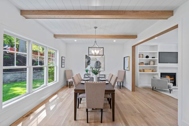 Dining room, Fireplace, Interior, Pendant Lights, Recessed Lighting, Wooden Beams, Wood Texture Flooring