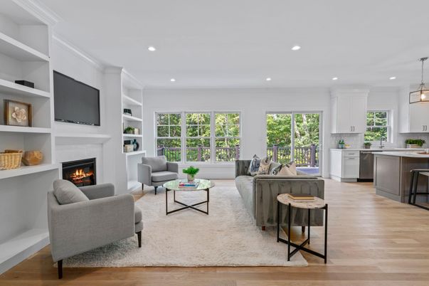Fireplace, Interior, Kitchen, Living room, Pendant Lights, Recessed Lighting, Wood Texture Flooring