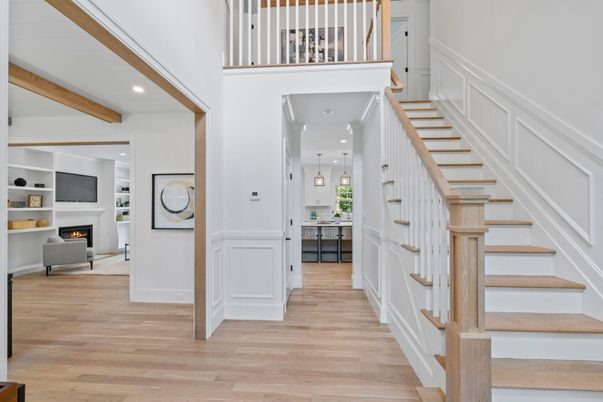 Fireplace, Interior, Pendant Lights, Recessed Lighting, Wooden Beams, Wood Texture Flooring