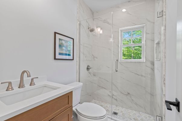 Bathroom, Glass Shower, Interior, Marble Walls, Recessed Lighting