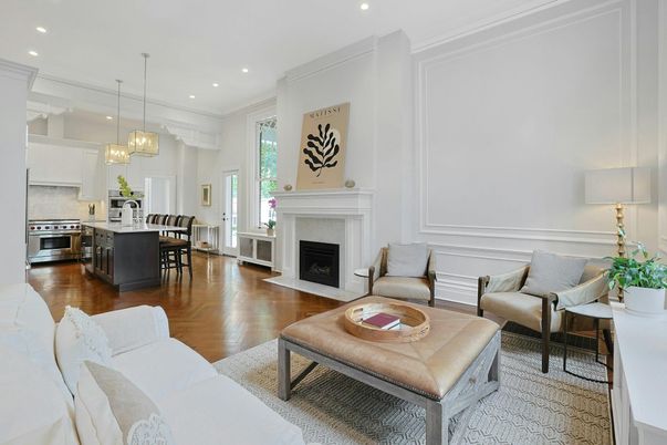 Dining room, Fireplace, Interior, Kitchen, Living room, Pendant Lights, Recessed Lighting, Stainless Steel Appliances, Wood Texture Flooring