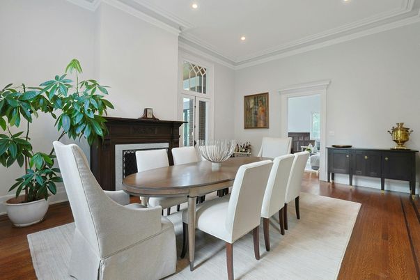 Dining room, Fireplace, Interior, Recessed Lighting, Wood Texture Flooring