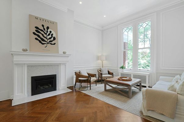 Fireplace, Interior, Living room, Recessed Lighting, Wood Texture Flooring