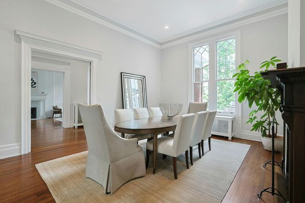 Dining room, Fireplace, Interior, Recessed Lighting, Wood Texture Flooring