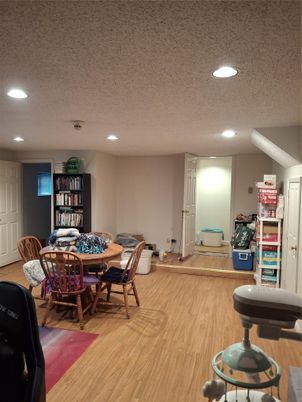 Dining room, Game Room, Interior, Recessed Lighting, Wood Texture Flooring