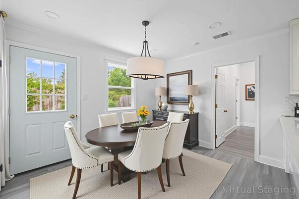 Dining room, Interior, Pendant Lights, Recessed Lighting, Wood Texture Flooring