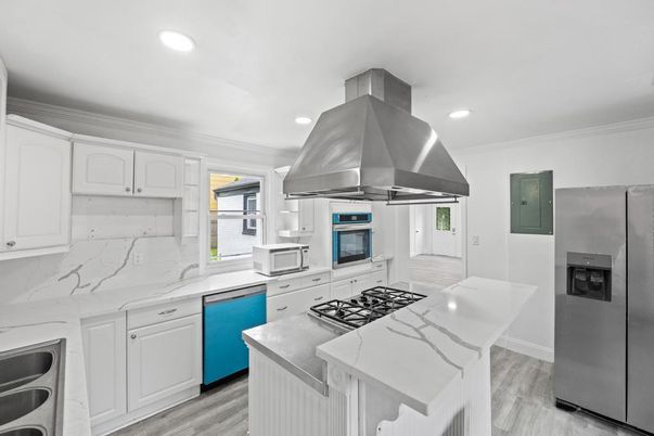 Interior, Kitchen, Recessed Lighting, Stainless Steel Appliances, Wood Texture Flooring