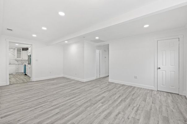 Empty room, Interior, Kitchen, Recessed Lighting, Wood Texture Flooring