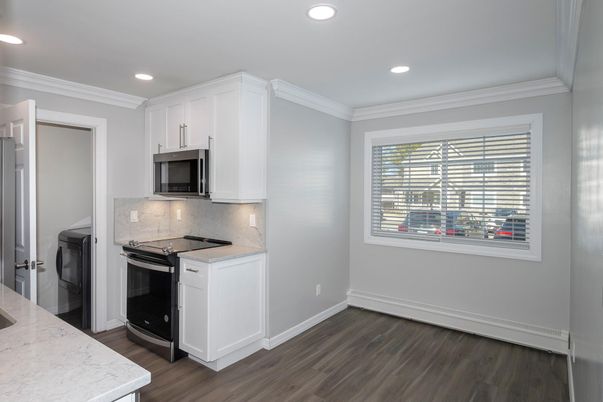 Interior, Kitchen, Recessed Lighting, Stainless Steel Appliances, Wood Texture Flooring