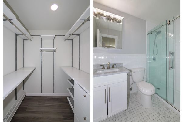 Bathroom, Glass Shower, Interior, Recessed Lighting, Wood Texture Flooring