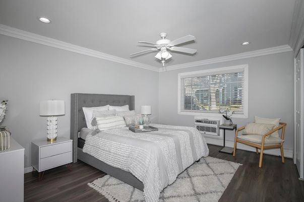 Bedroom, Interior, Recessed Lighting, Wood Texture Flooring