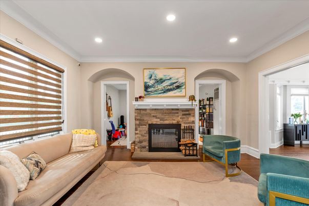 Fireplace, Interior, Living room, Recessed Lighting, Wood Texture Flooring