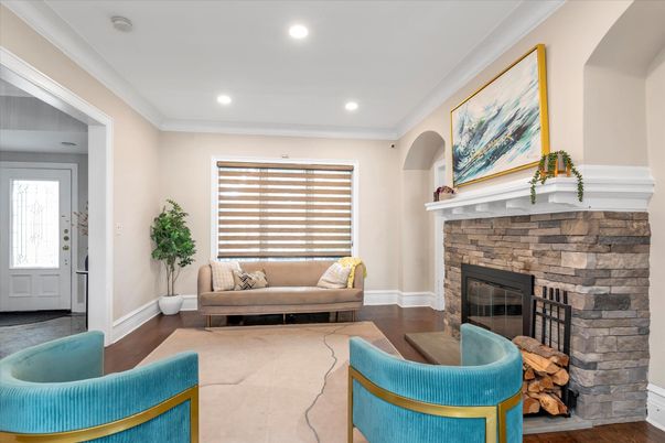 Fireplace, Interior, Recessed Lighting, Wood Texture Flooring