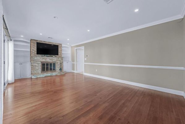 Empty room, Fireplace, Interior, Recessed Lighting, Wood Texture Flooring