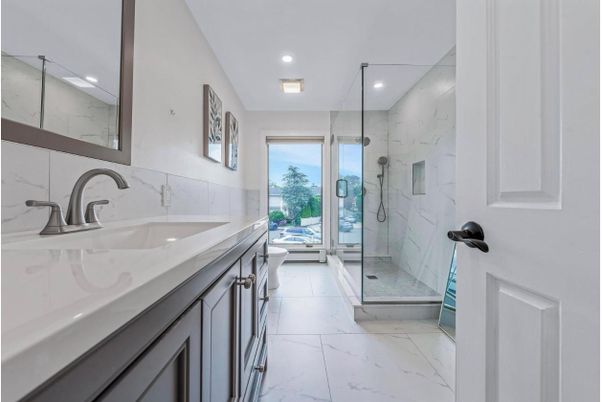 Bathroom, Glass Shower, Interior, Marble, Marble Walls, Recessed Lighting