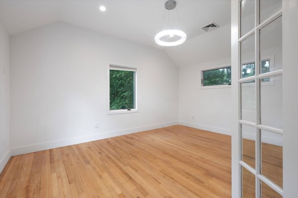 Empty room, Interior, Pendant Lights, Recessed Lighting, Wood Texture Flooring