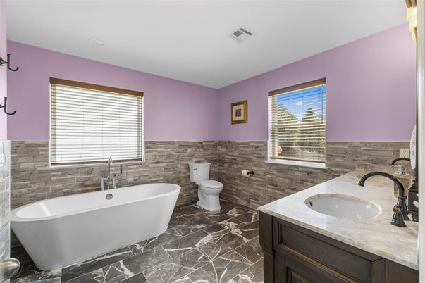 Bathroom, Dual Sink Vanities, Free Standing Baths, Interior, Marble, Recessed Lighting