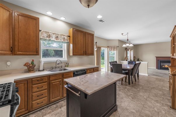 Dining room, Fireplace, Interior, Kitchen, Pendant Lights, Recessed Lighting