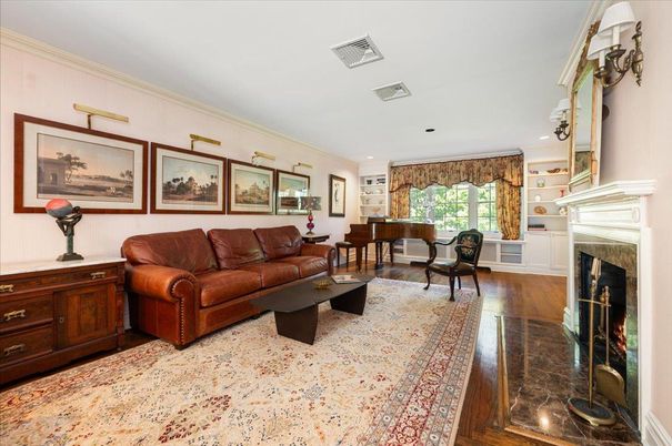 Fireplace, Interior, Living room, Piano, Recessed Lighting, Wood Texture Flooring