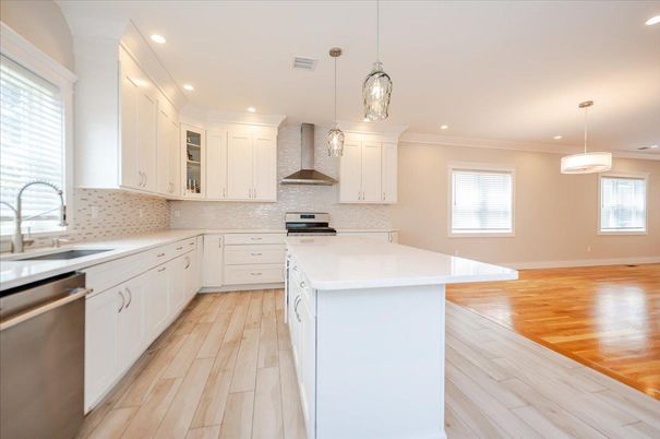 Interior, Kitchen, Pendant Lights, Recessed Lighting, Stainless Steel Appliances, Wood Texture Flooring