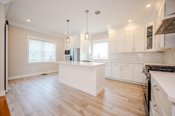 Interior, Kitchen, Pendant Lights, Recessed Lighting, Stainless Steel Appliances, Wood Texture Flooring