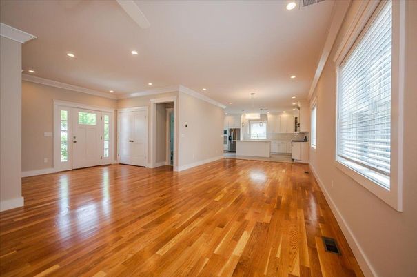 Empty room, Interior, Kitchen, Pendant Lights, Recessed Lighting, Wood Texture Flooring