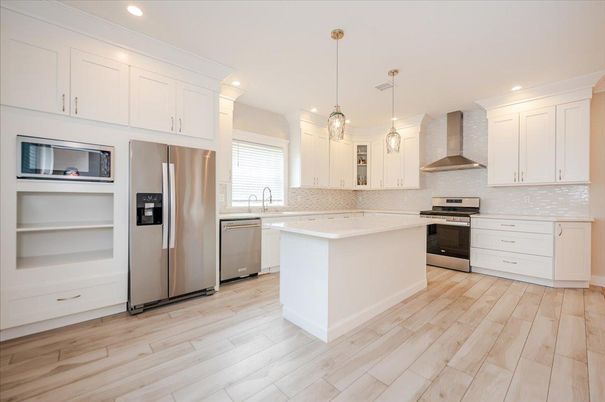 Interior, Kitchen, Pendant Lights, Recessed Lighting, Stainless Steel Appliances, Wood Texture Flooring