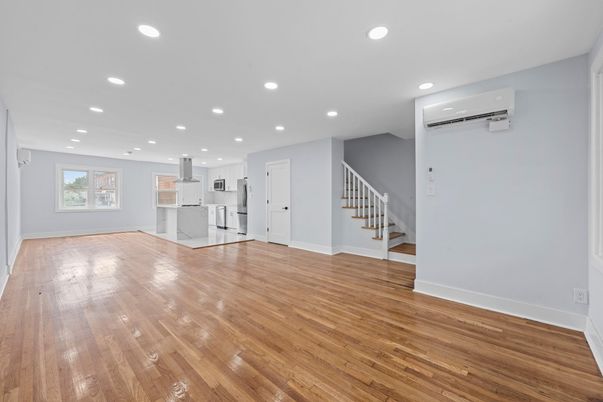 Empty room, Interior, Kitchen, Recessed Lighting, Wood Texture Flooring