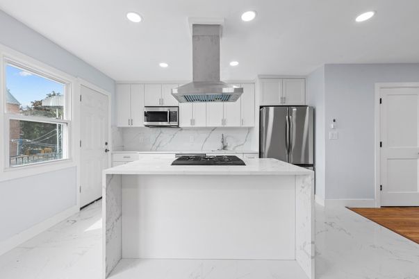 Interior, Kitchen, Marble, Marble Walls, Recessed Lighting, Stainless Steel Appliances