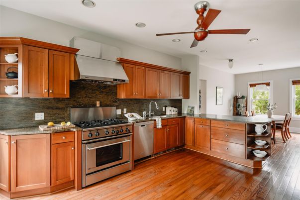 Dining room, Interior, Kitchen, Recessed Lighting, Stainless Steel Appliances, Wood Texture Flooring