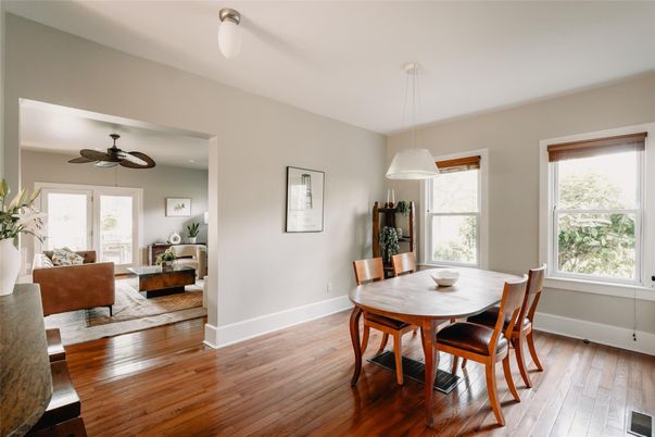 Dining room, Interior, Living room, Pendant Lights, Wood Texture Flooring