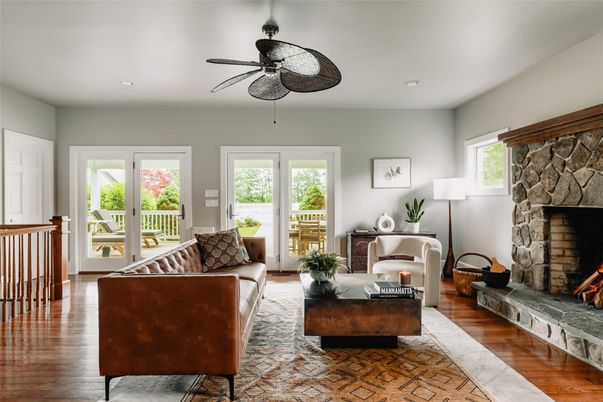 Fireplace, Interior, Living room, Recessed Lighting, Wood Texture Flooring