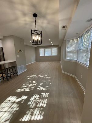 Empty room, Interior, Pendant Lights, Recessed Lighting, Wood Texture Flooring